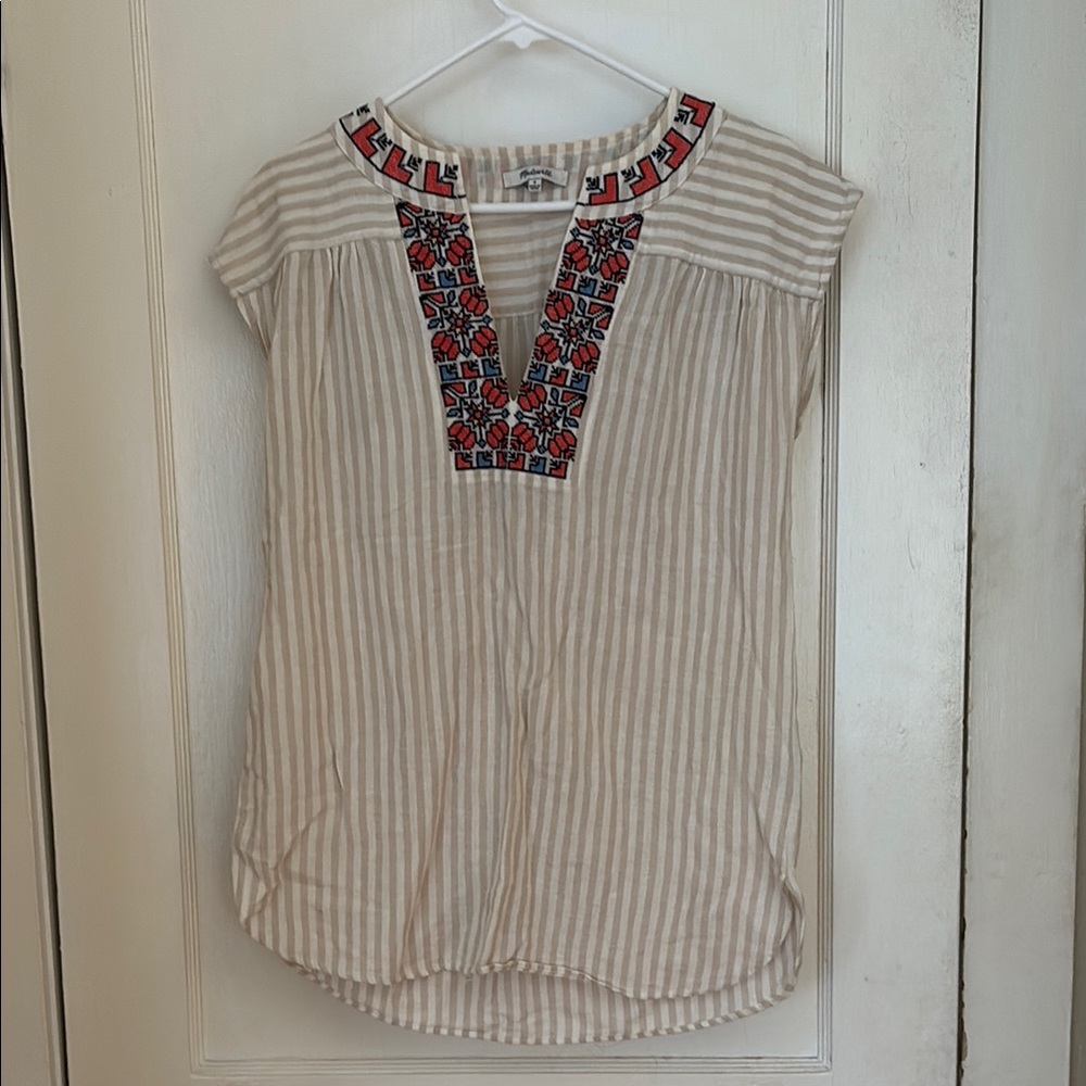 Madewell Cream Striped Embroidered V-Neck Top